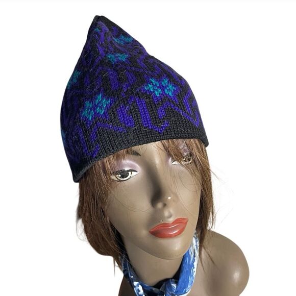 EDELWEISS SKIWEAR Winter Hat Black Purple Geometric Knit Pattern VINTAGE Unisex - Picture 1 of 6